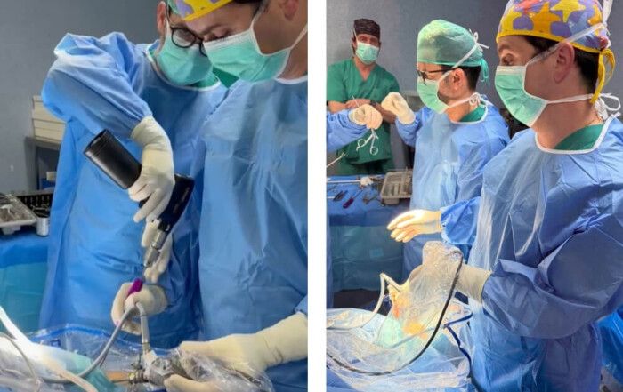 Dr. Antonio de Prado realizando cirugía artroscópica de tobillo en Hospital Cruz Roja de Córdoba para inestabilidad crónica.